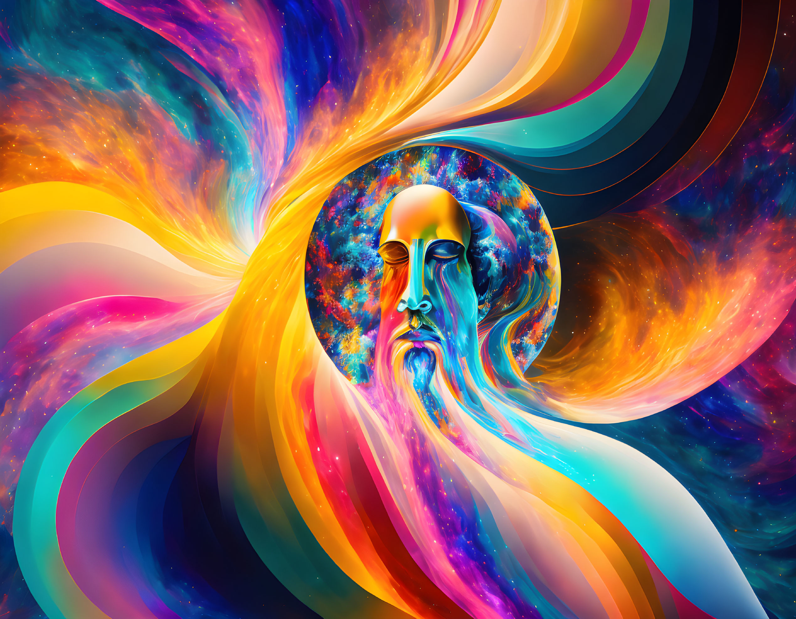 Colorful Abstract Illustration with Surreal Face and Cosmic Elements