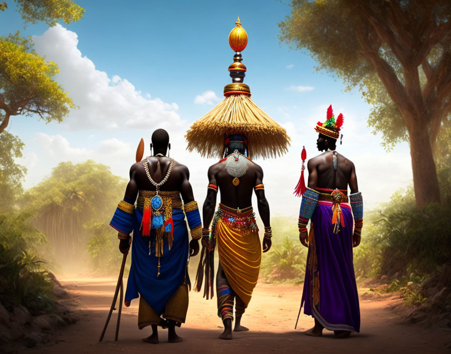 Three People in Traditional African Attire Walking on Dirt Road