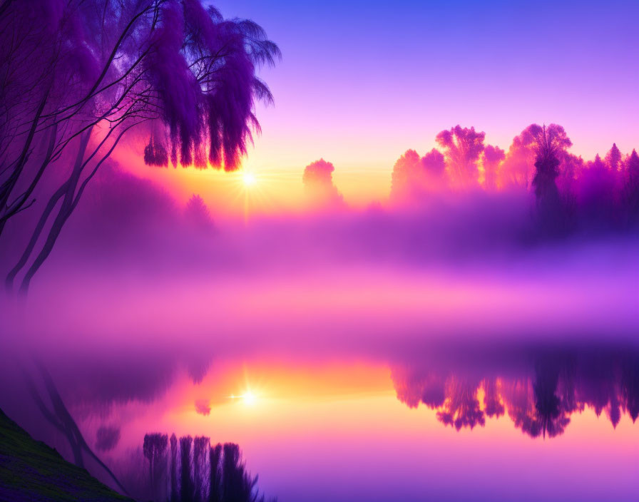 Serene lakeside sunrise with vibrant purple hues and silhouetted trees