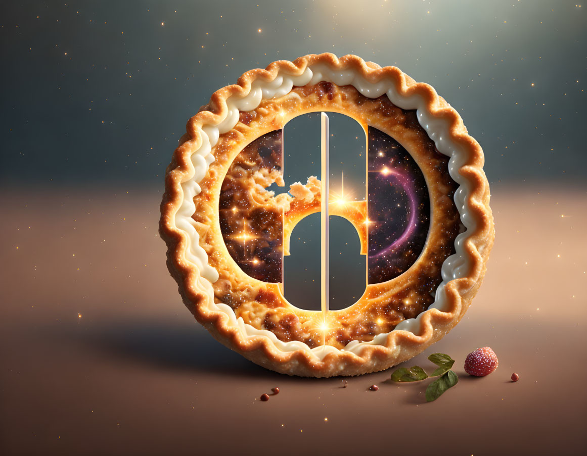 Galaxy-themed pie with day-night cycle design on pill shape in starry setting