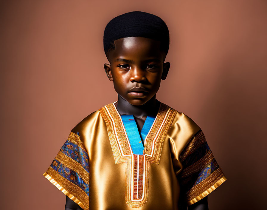 Young boy in traditional African clothing with intricate embroidery against brown backdrop radiates confidence