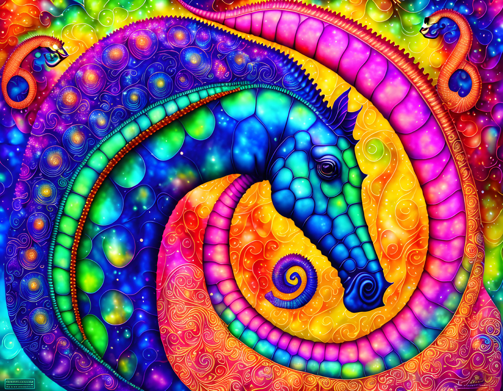 Colorful digital artwork with intricate spiral patterns reminiscent of fractals and sea creatures.