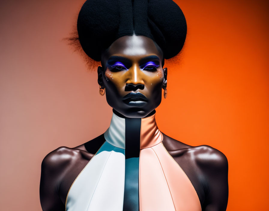 Avant-garde makeup and hairstyle on model in pastel outfit against orange backdrop