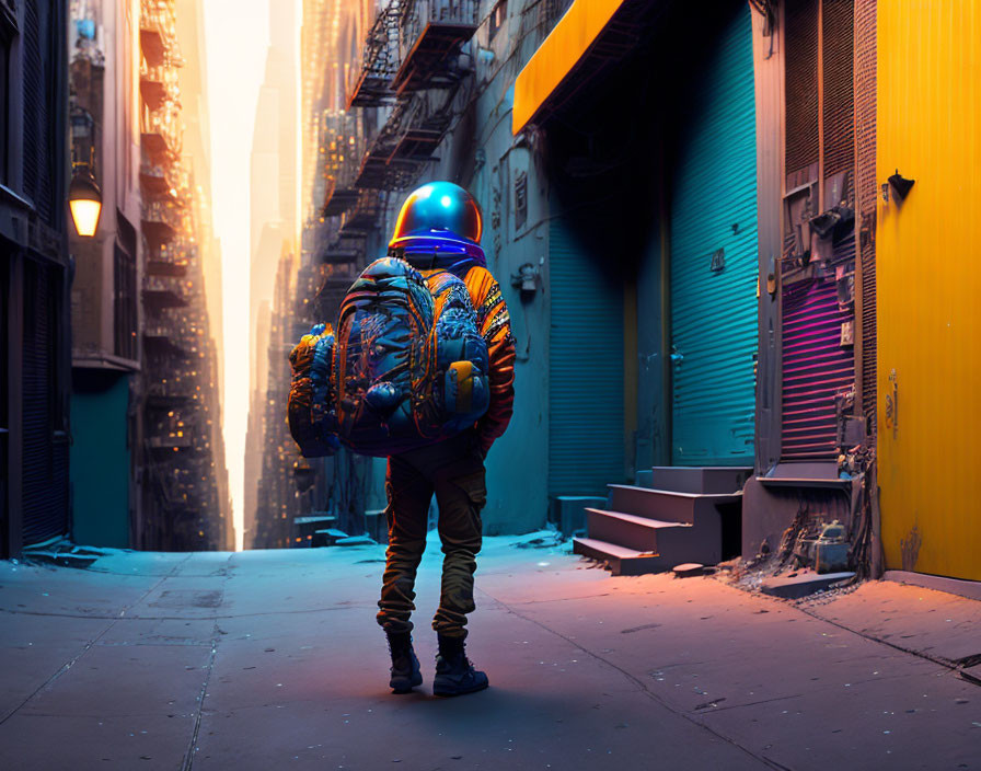 Astronaut helmet person in vibrant jacket in urban alleyway