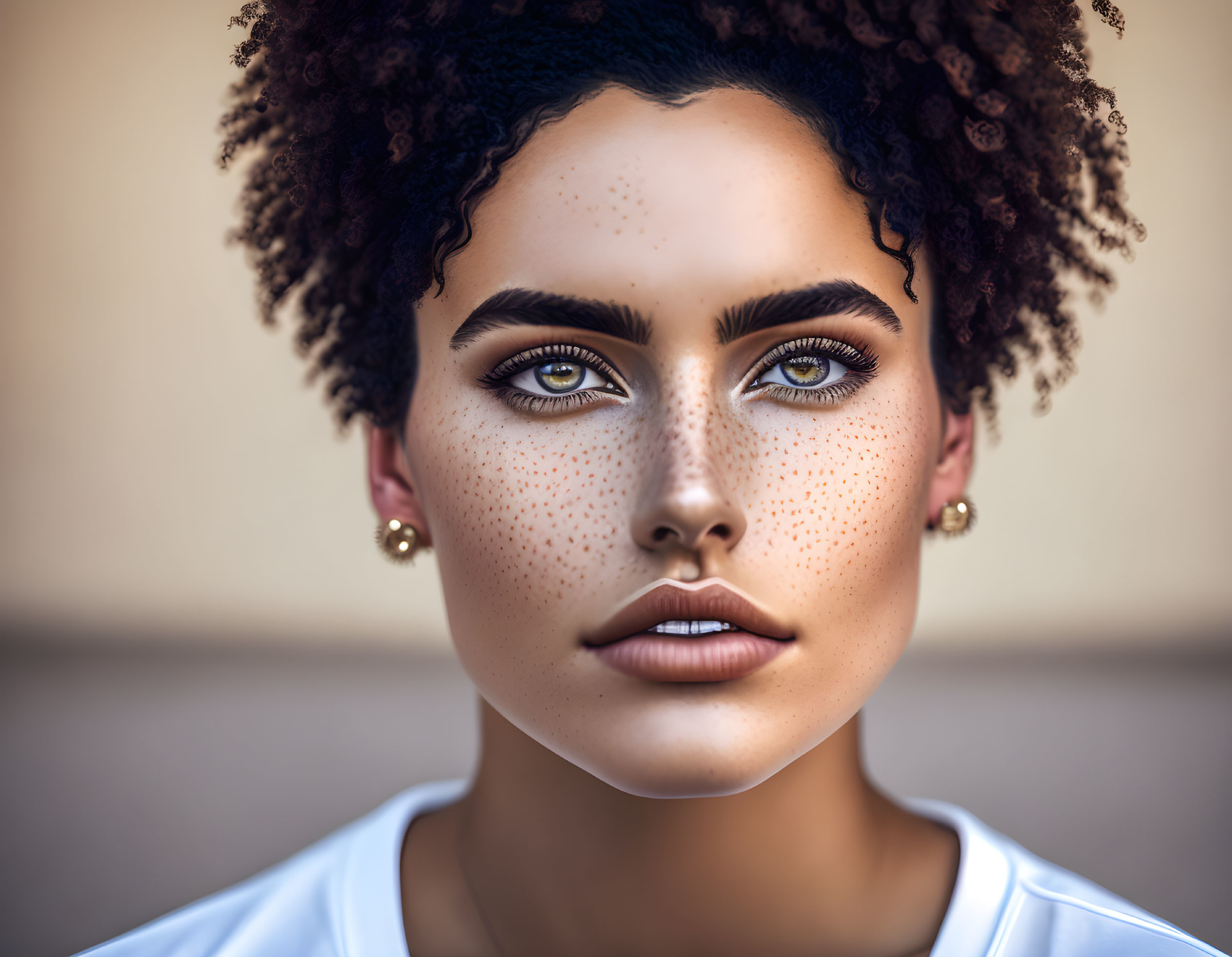 Portrait of woman with hazel eyes, freckles, and curly hair in white top