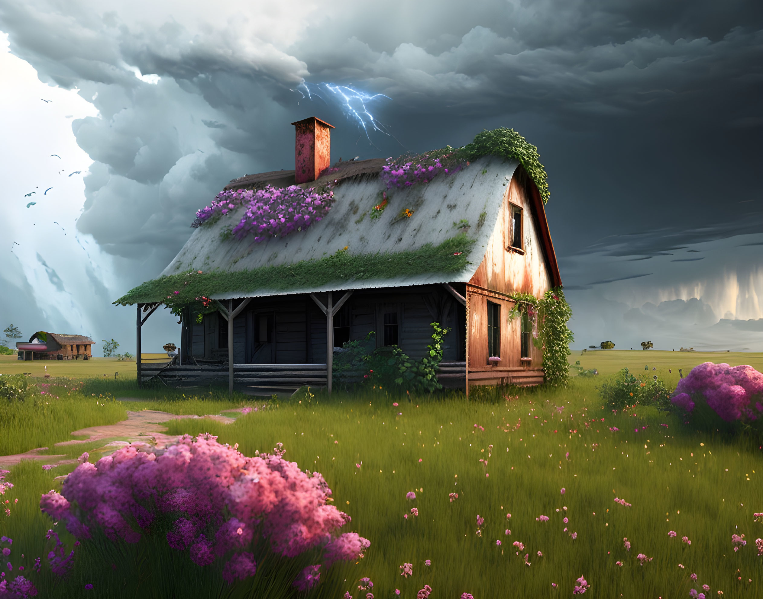 Rustic wooden house with flowering roof in stormy sky and vibrant purple flowers.