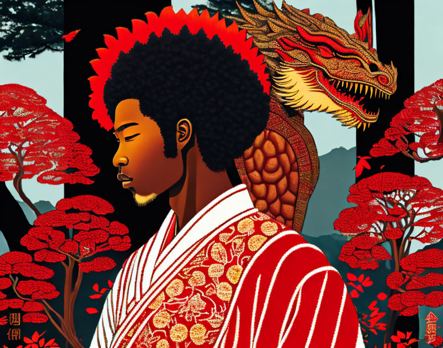 Person with red afro and dragon in red forest wearing Eastern robe.