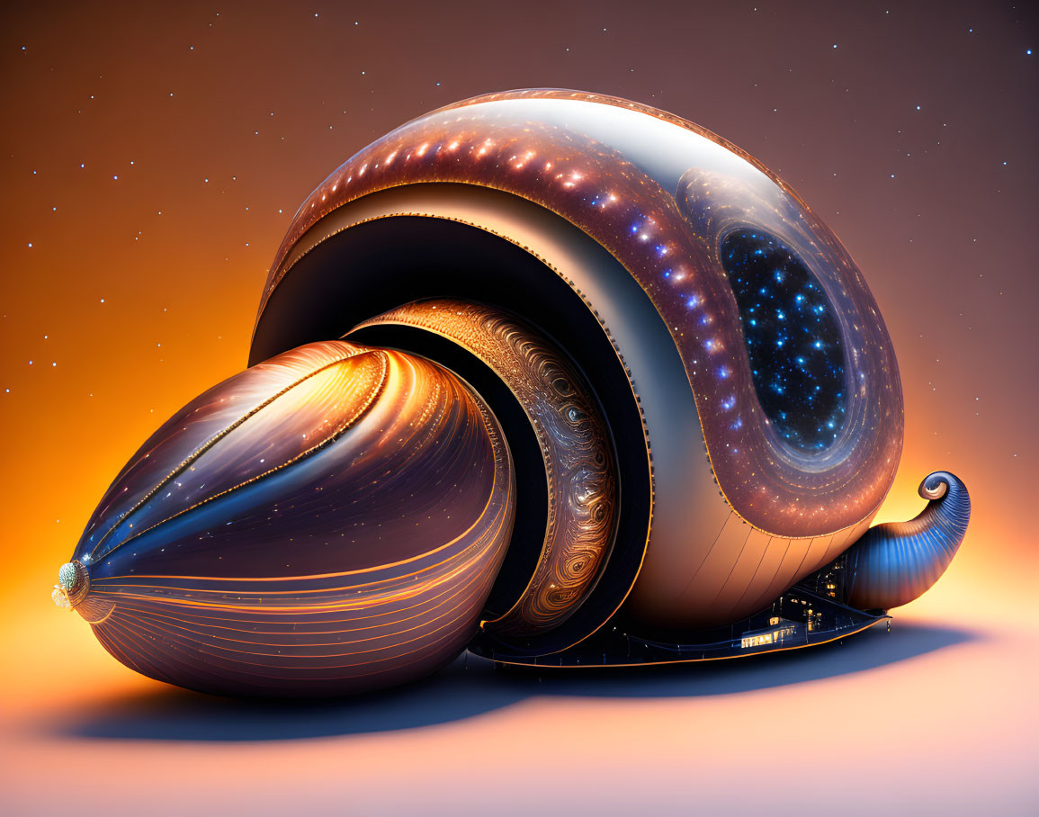 Fantastical snail with cosmic star-filled shell on orange gradient.