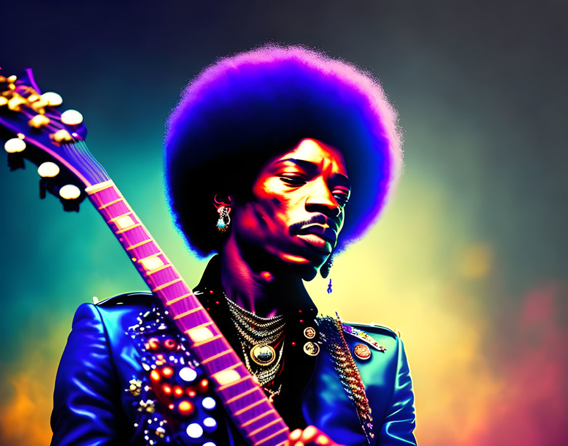 Colorful Digital Artwork: Guitarist with Afro in Blue Jacket Holding Guitar