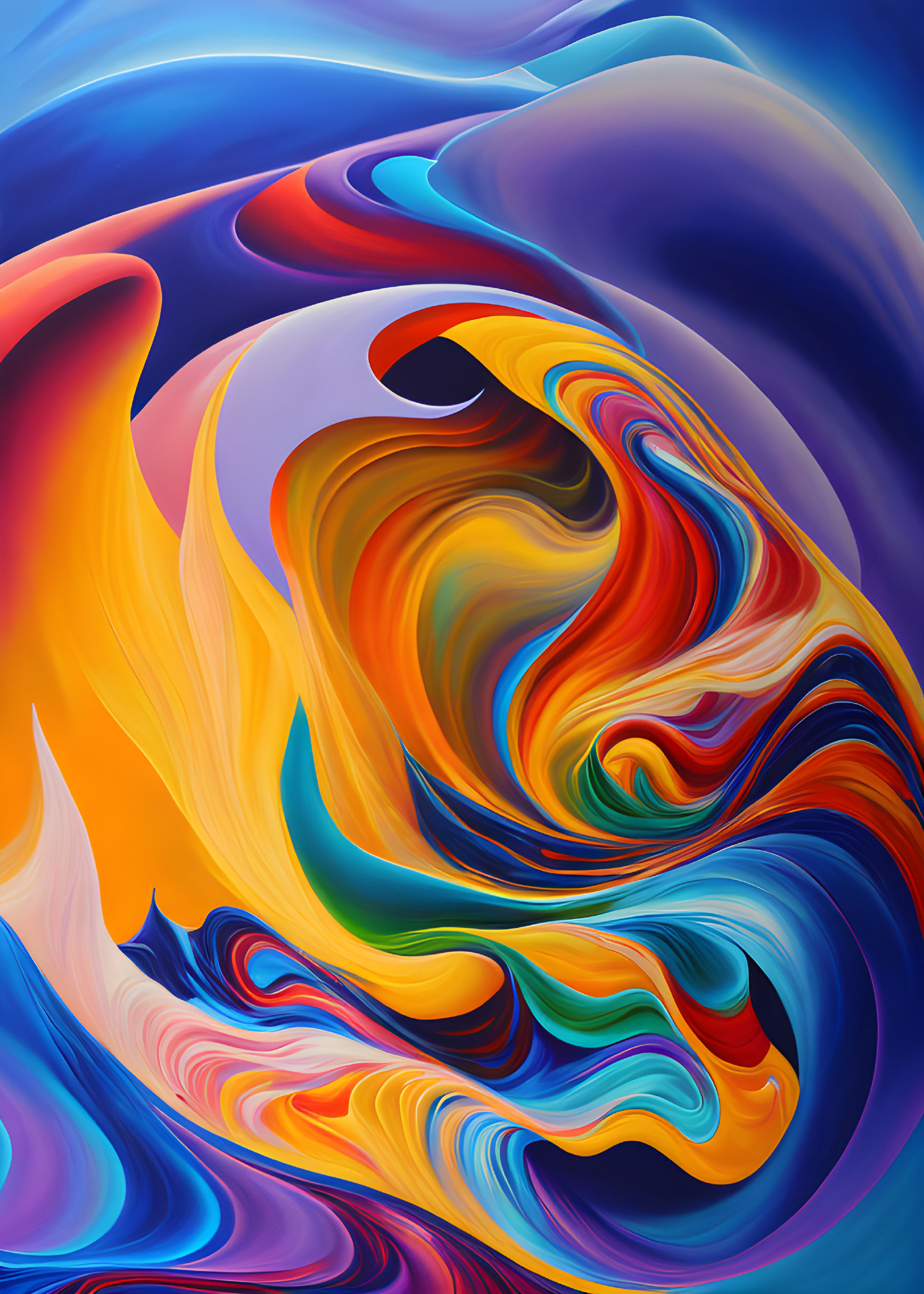 Colorful digital artwork with swirling blue, orange, and yellow patterns