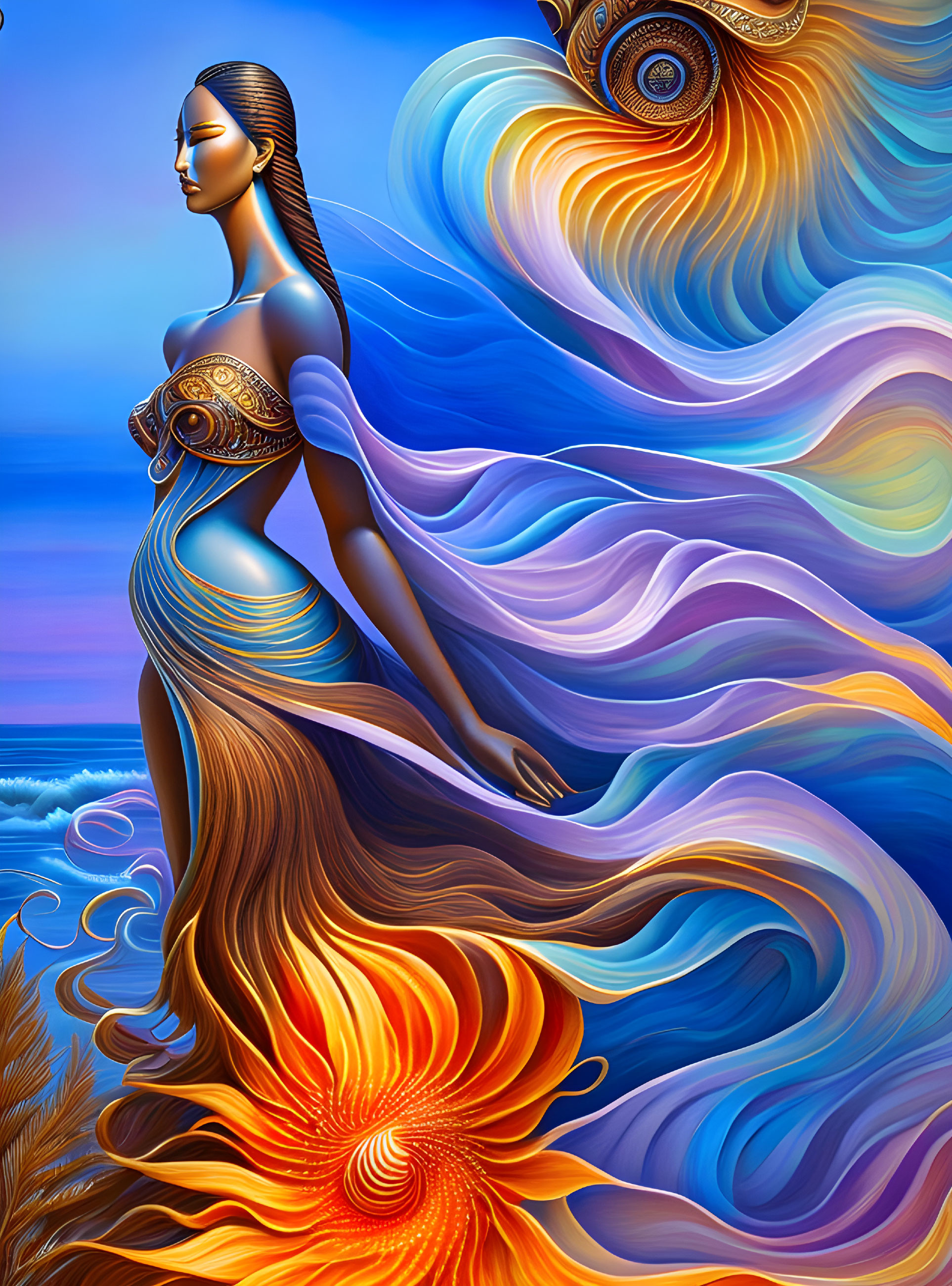 Colorful Stylized Image of Woman with Flowing Hair and Abstract Sun Motifs