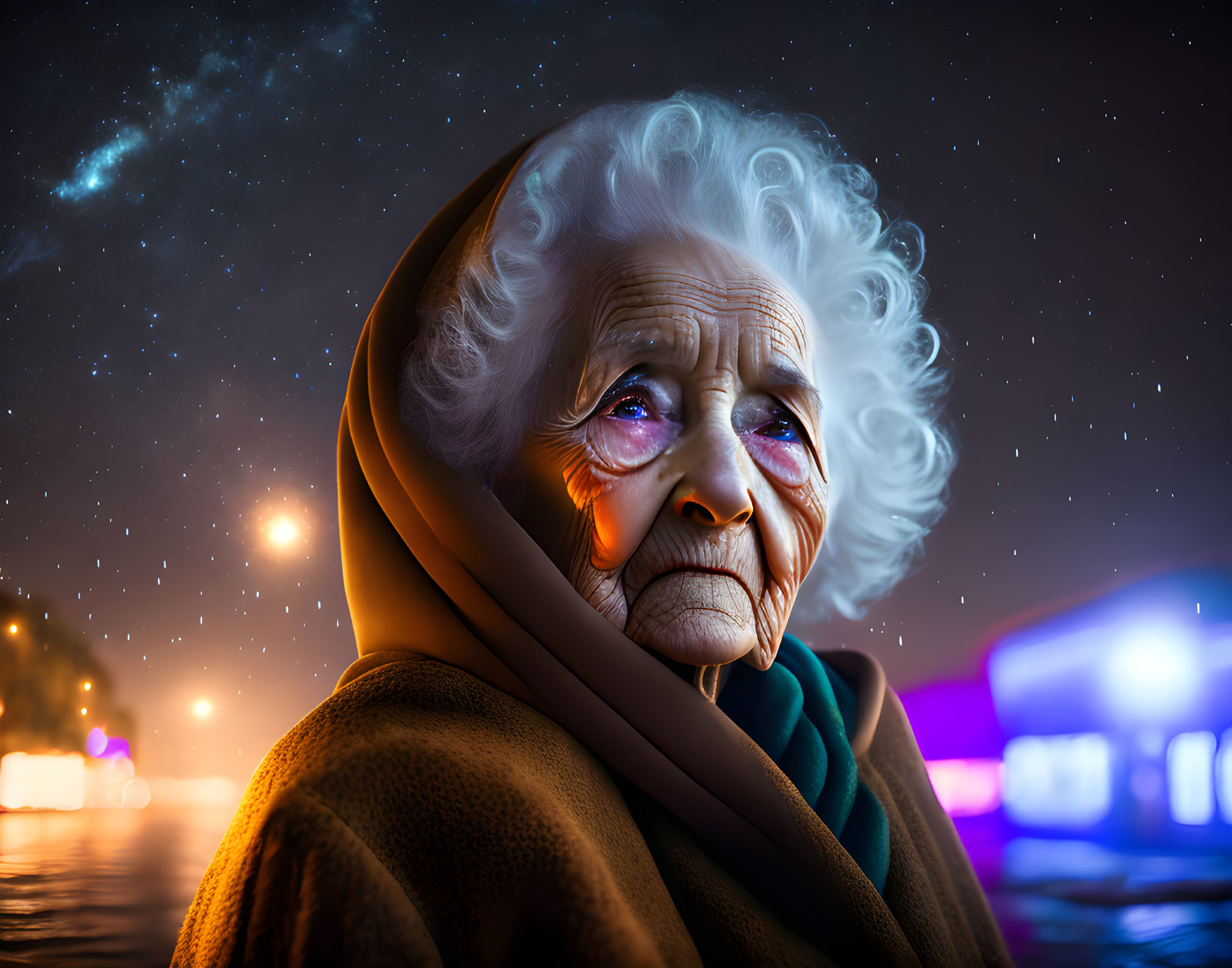 Elderly woman with white hair and shawl gazes at night sky with stars