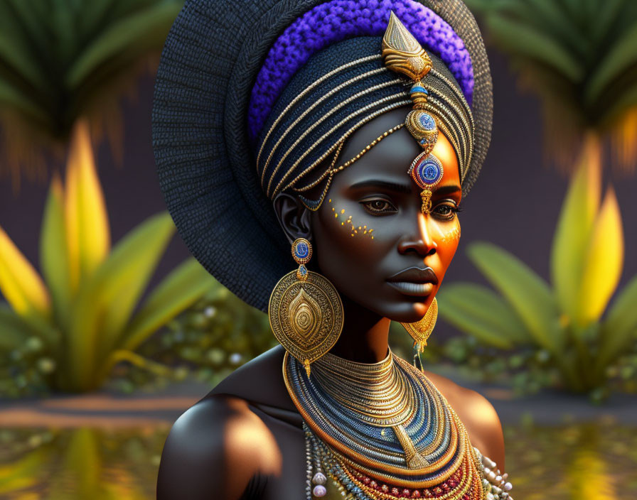 Digital artwork featuring woman with golden jewelry and blue adornments in tropical setting