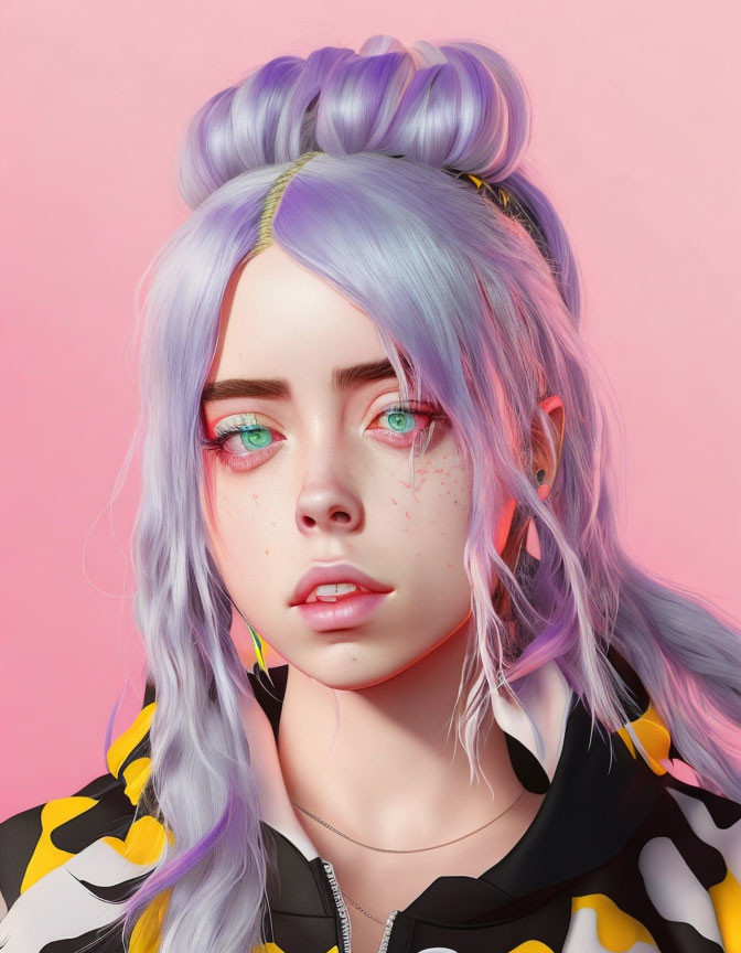 Young female with pastel purple hair and teal eyes in colorful jacket on pink background