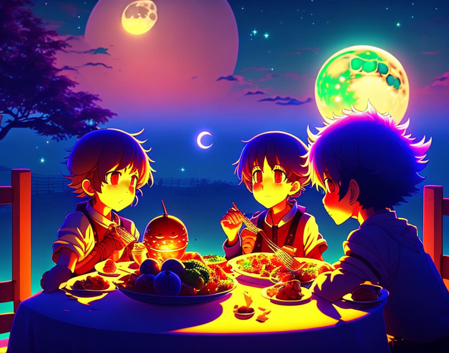Children dining outdoors under two moons in colorful ambient light