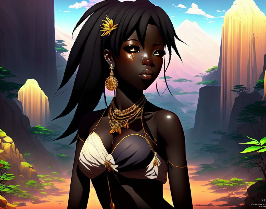 Illustration of a woman with dark skin and gold accessories against a mountain sunset.