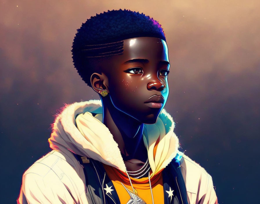 Digital art portrait of young person with stylish haircut in hoodie and earrings against orange sky