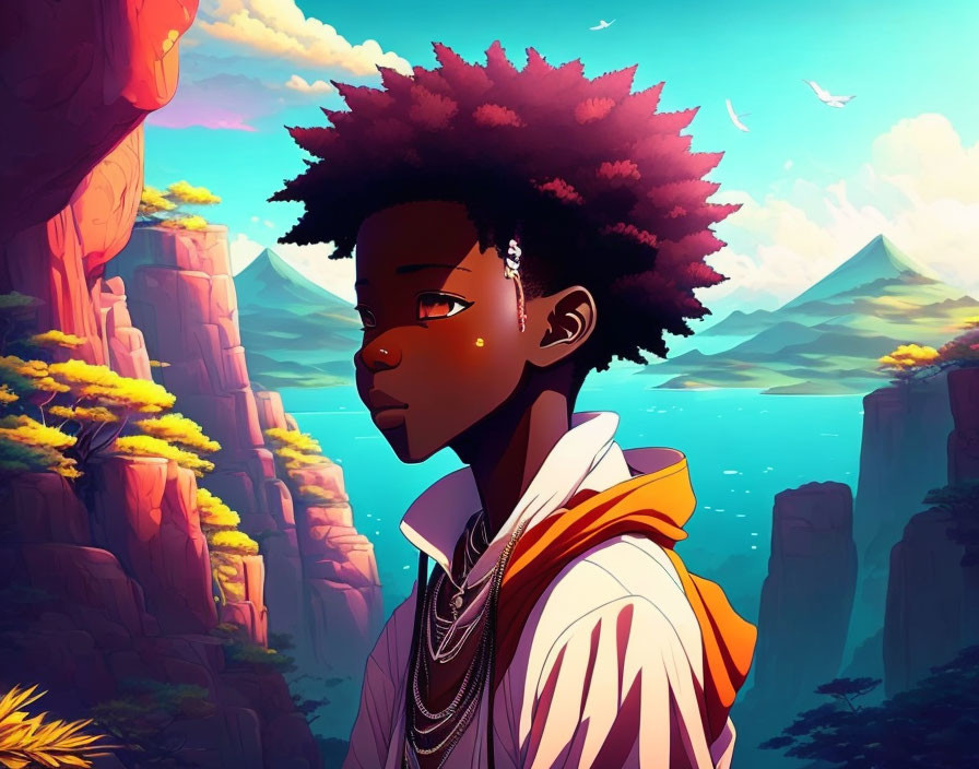 Pensive young person with afro against vibrant nature backdrop