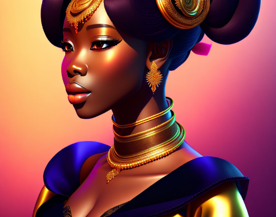 Vibrant illustration of stylized woman with golden jewelry and headdress on warm background