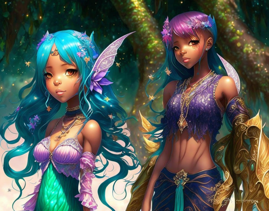 Blue and Purple Anime Fairy Characters in Magical Forest Setting