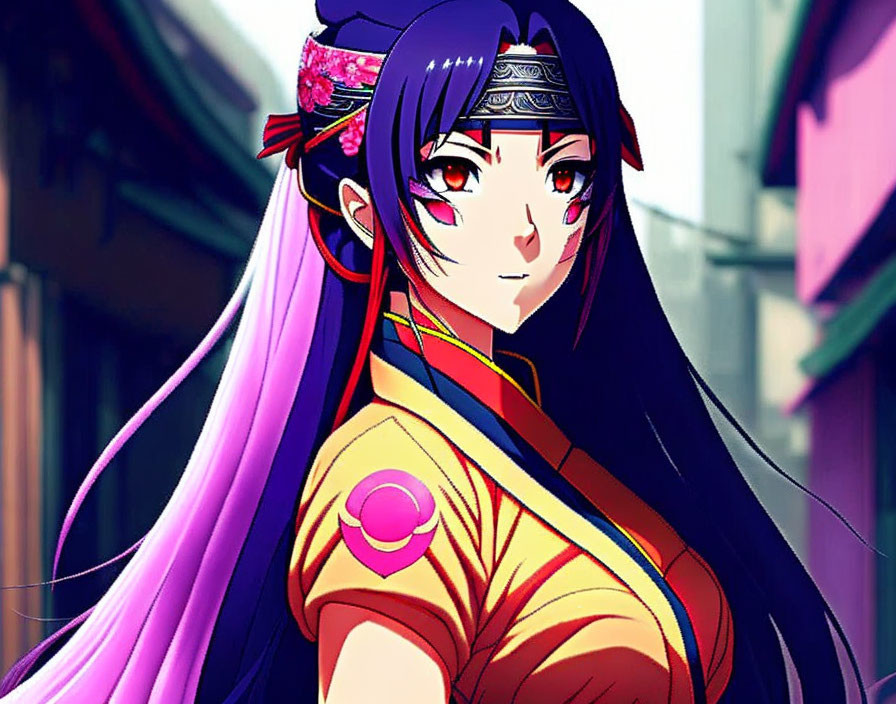 Illustrated Female Character with Long Purple Hair and Traditional Yellow & Red Attire