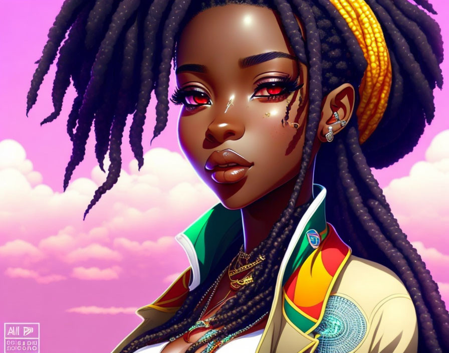 Female with Braided Hair and Striking Makeup in Vibrant Illustration