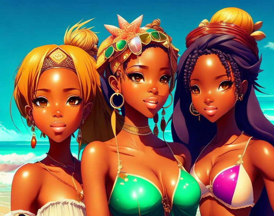 Three animated female characters in vibrant swimwear at sunny beach