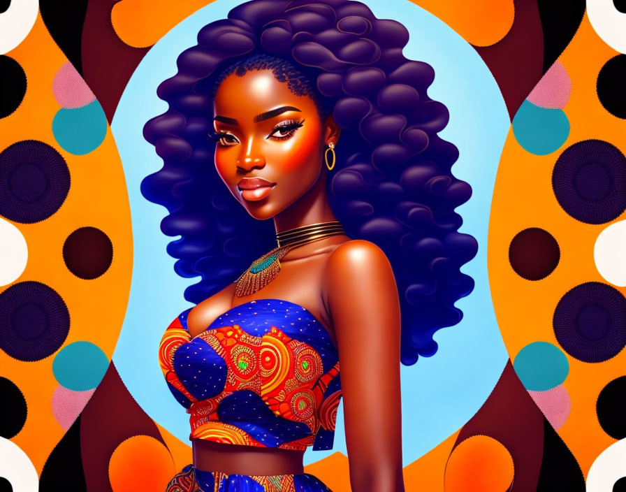 Illustration of woman with curly hair, gold earrings, patterned top, choker on colorful backdrop