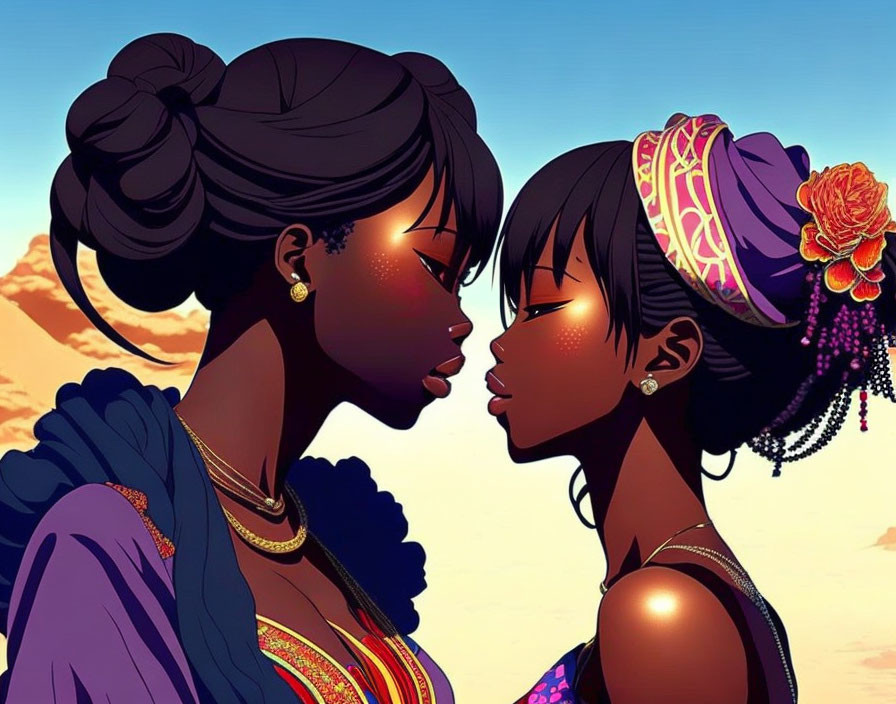 Dark-skinned animated characters in traditional attire touch foreheads at sunset