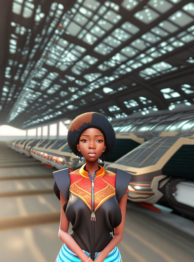 Futuristic digital illustration of woman with Afro at modern train station