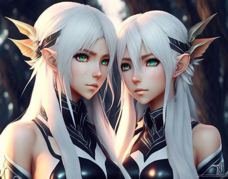 Elven characters with white hair and green eyes in forest scene