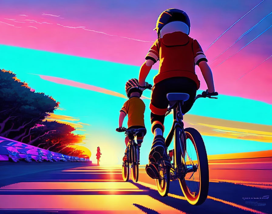 Vibrantly colored sunset cycling scene with dynamic lighting