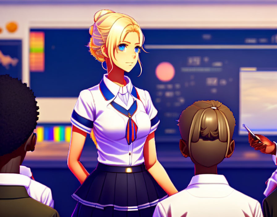 Blonde-Haired Anime Teacher in Classroom at Sunset