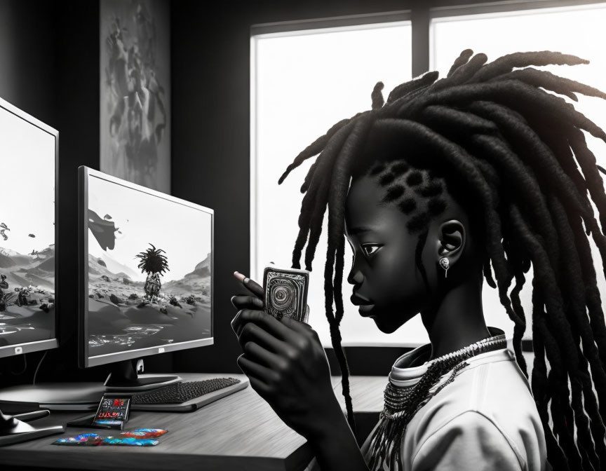 Digital art: Person with dreadlocks at desk, examining camera with dual grayscale landscape monitors.
