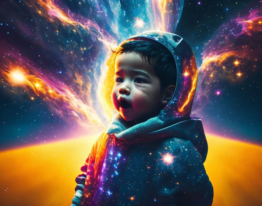 Toddler in Spacesuit Observing Cosmos and Stars