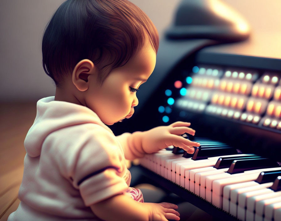 Dark-Haired Baby Playing Digital Piano in Warm Light