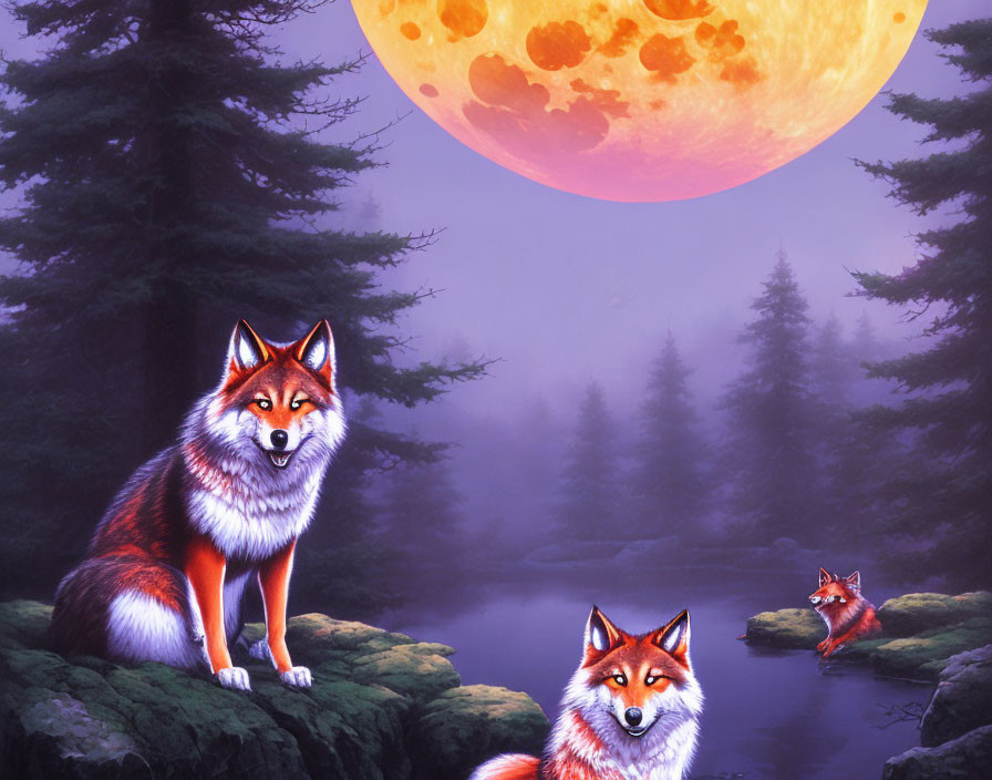 Three Red Foxes in Moonlit Pond Scene with Pine Trees and Full Moon