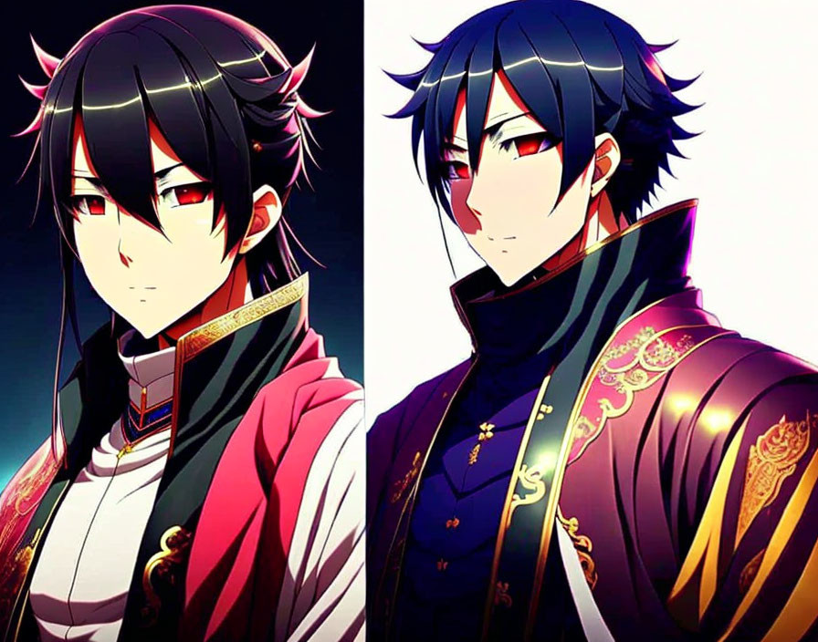 Anime characters with dark hair and red eyes in traditional attire split image