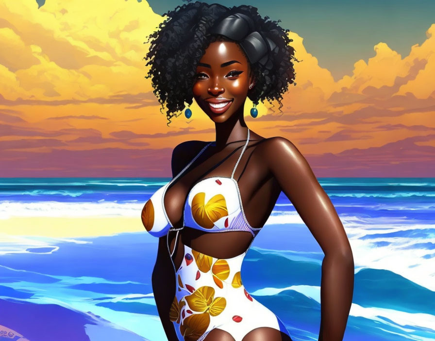 Smiling woman with curly hair in white swimsuit by ocean at sunset