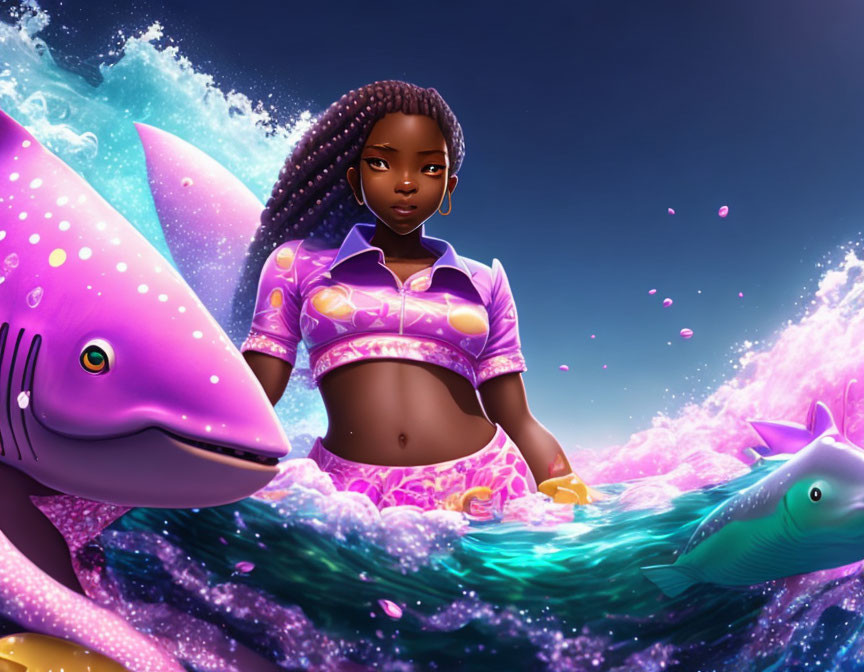 Digital Artwork: Woman with Braided Hair Riding Ocean Waves with Purple Sharks