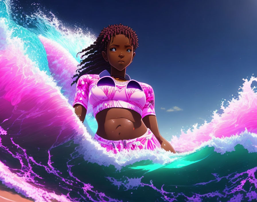 Animated character with braids in pink outfit in ocean waves
