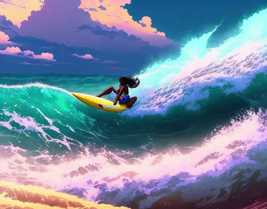 Dynamic surfing on vibrant blue and pink wave background.