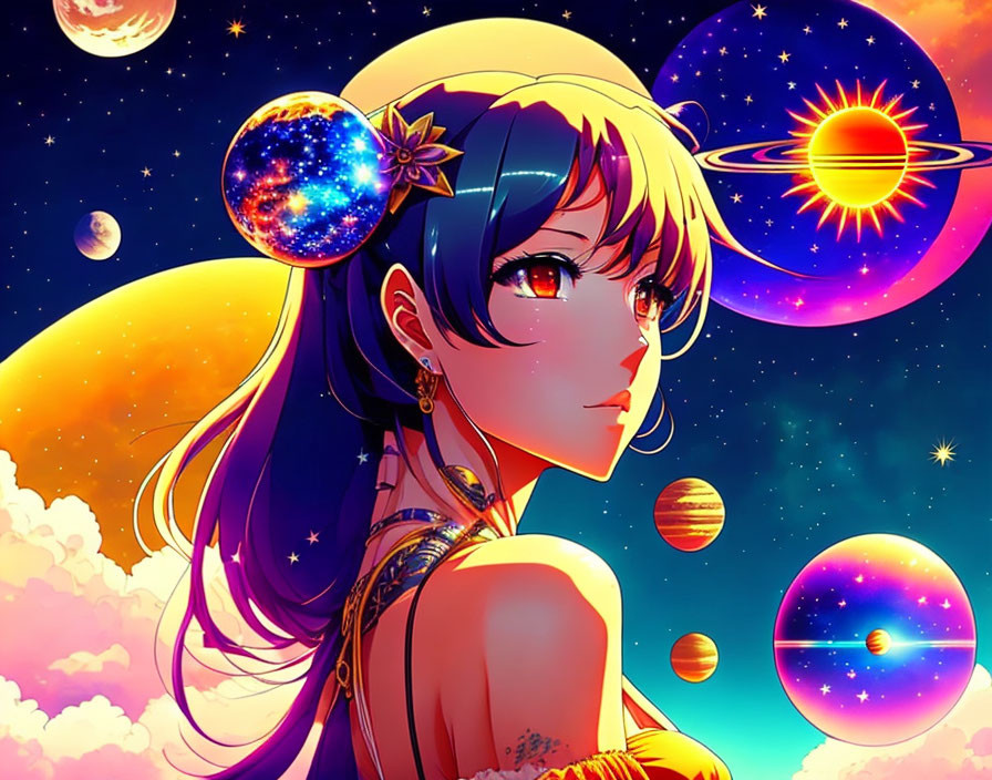 Vibrant cosmic-themed girl illustration with colorful planets and stars