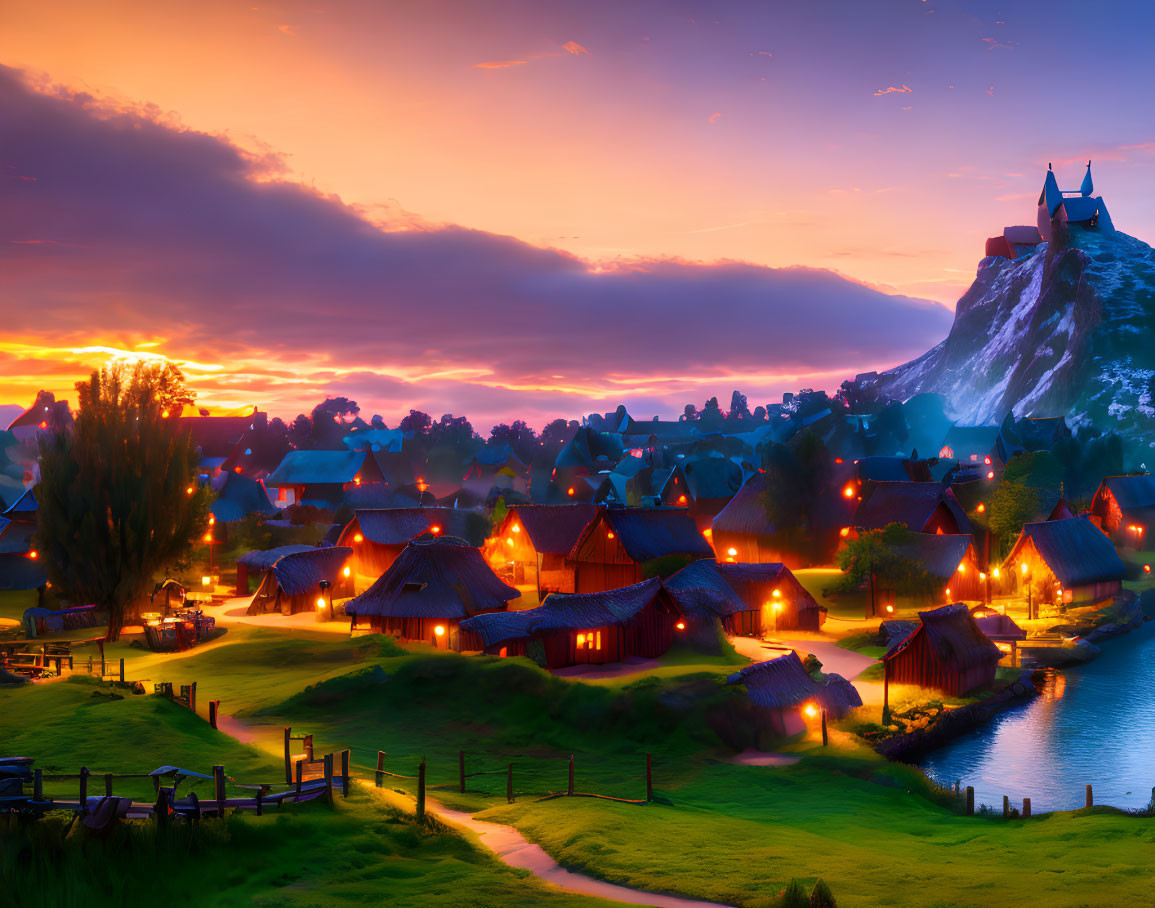 Scenic village at dusk with river, sunset sky, and distant castle.