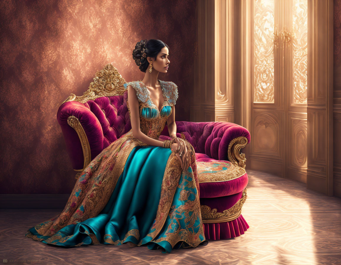 Elegant woman in teal and gold dress on Victorian couch by ornate window