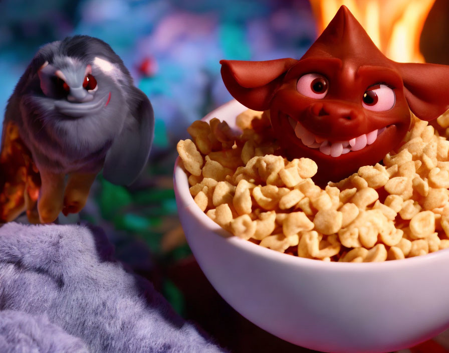 Two smiling animated creatures with cereal bowl in colorful setting