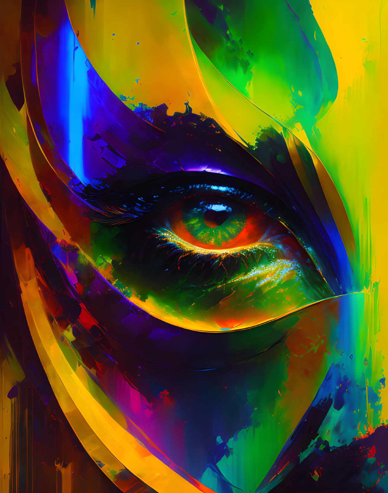 Colorful Abstract Digital Artwork: Realistic Eye with Neon Swirls