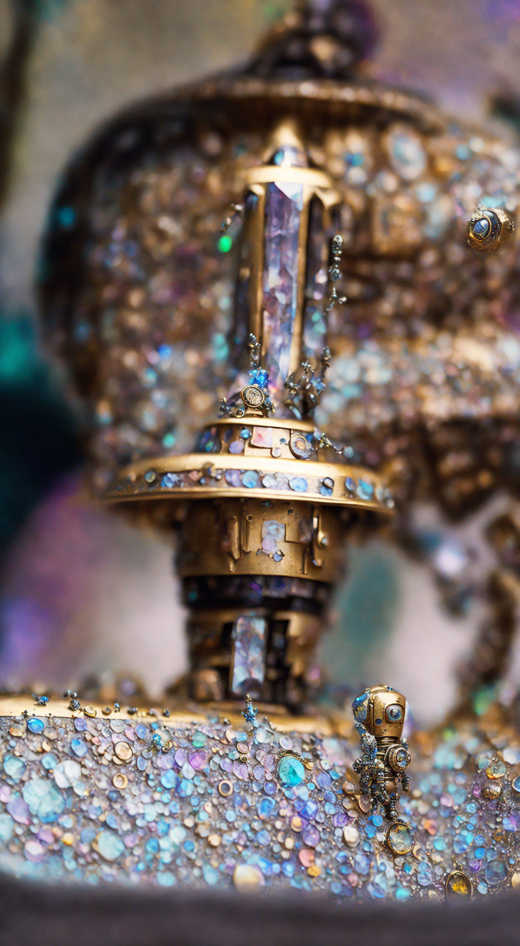 Intricately Decorated Object with Purple Crystal and Metallic Details