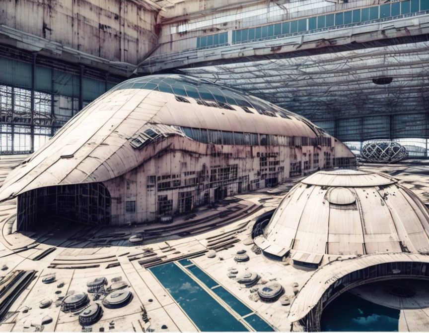 Dome-shaped metallic structures in vast industrial hangar