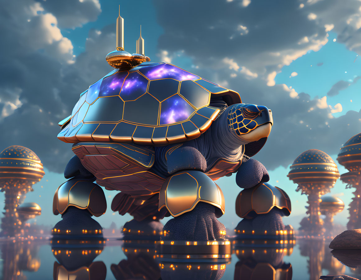 Giant turtle digital artwork with city on shell in dramatic sky